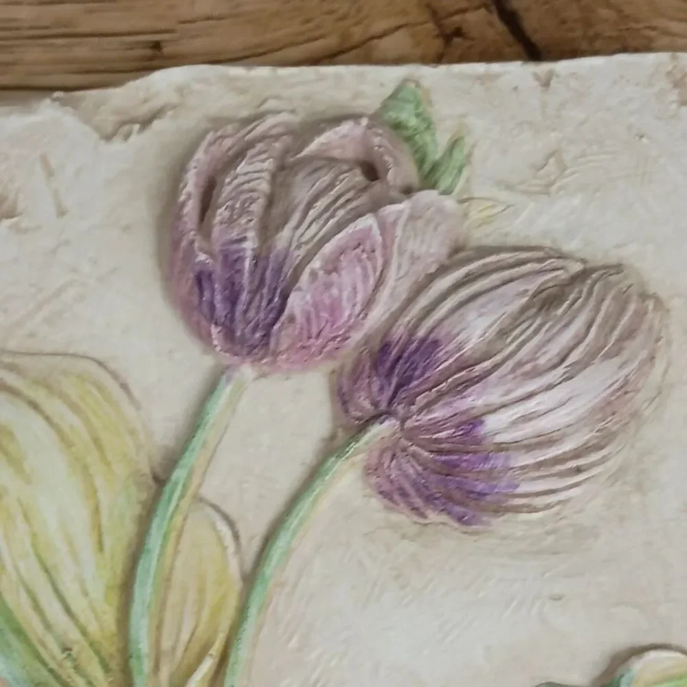 Hen-Feathers Hand-Cast Hand-Painted 3D Botanical Wall Plaque Tulip Design